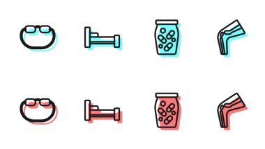 Set line Medicine bottle and pills, Eyeglasses, Bed and Bone pain icon. Vector.