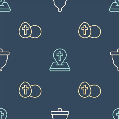 Set line Church bell, Easter egg and Location church building on seamless pattern. Vector.