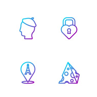 Set line Cheese Eiffel tower French man and Castle in the shape of heart. Gradient color icons. Vector.
