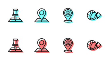 Set line Location with house, Folded map location marker,  and the globe icon. Vector