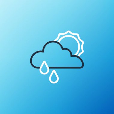 Yağmur ve güneş ikonuna sahip çizgi bulutu mavi arka planda izole edildi. Yağmur damlaları ile yağmur bulutu yağışı. Renkli taslak konsepti. Vektör