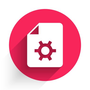 White Document settings with gears icon isolated with long shadow background. Software update, transfer protocol, teamwork tool management. Red circle button. Vector