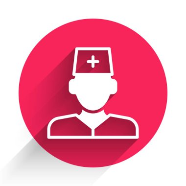 Beyaz erkek doktor ikonu uzun gölge arkaplan ile izole edildi. Kırmızı daire düğmesi. Vektör
