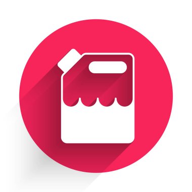 White Canister for gasoline icon isolated with long shadow background. Diesel gas icon. Red circle button. Vector