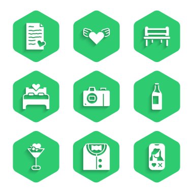 Set Photo camera, Suit, Dating app online, Wine bottle, Martini glass, Bedroom, Romantic bench and Envelope with Valentine heart icon. Vector