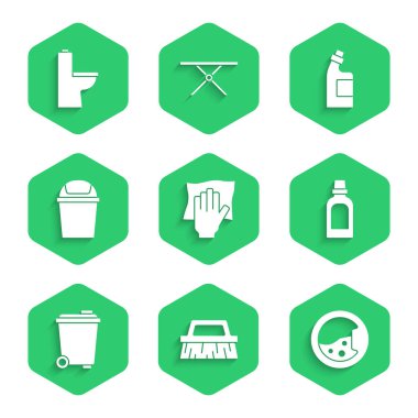Set Cleaning service, Brush for cleaning, Washer, Bottle agent, Trash can,  and Toilet bowl icon. Vector