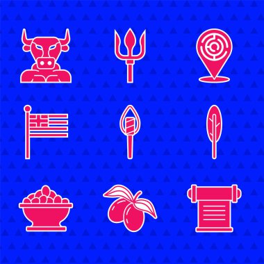 Set Torch flame, Olives branch, Decree, parchment, scroll, Feather pen, in bowl, Greece national flag, Minotaur labyrinth and  icon. Vector