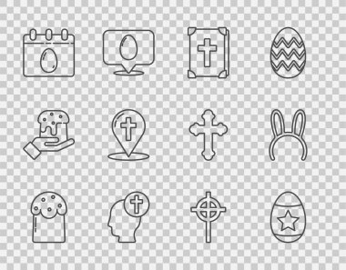 Set line Easter cake, egg, Holy bible book, Human head with christian cross, Calendar, Map pointer, Christian and Mask long bunny ears icon. Vector