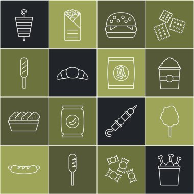 Set line Chicken leg in package box, Cotton candy, Popcorn, Burger, Croissant, Corn dog, Grilled shish kebab and Hard bread chucks crackers icon. Vector