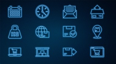 Set line Online shopping on screen, Location with cardboard box, Envelope, Worldwide shipping and, Weight, Calendar, Package check mark and Clock icon. Vector