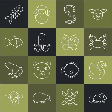 Set line Rat, Swan bird, Crab, Worm, Octopus, Fish, skeleton and Butterfly icon. Vector