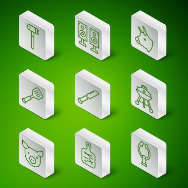 Set line Meat tongs, Cutting board, Kitchen hammer, Bread knife, Spatula, Stereo speaker, Pig and Barbecue grill icon. Vector