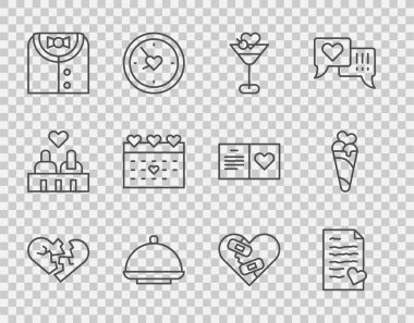 Set line Broken heart or divorce, Envelope with Valentine, Martini glass, Covered tray, Suit, Calendar, Healed broken and Ice cream waffle cone icon. Vector