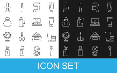 Set line Makeup brush, Cream or lotion cosmetic tube, Antiperspirant deodorant roll, Perfume, Nail polish bottle and powder with mirror icon. Vector