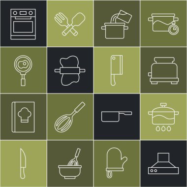 Set line Kitchen extractor fan, Cooking pot, Toaster, Rolling pin on dough, Fried eggs frying pan, Oven and Meat chopper icon. Vector
