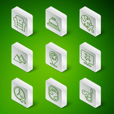 Set line Diving mask and snorkel, Airplane window, Armchair, Location on the globe, Egypt pyramids, Hotel service bell, Clock with airplane and Speech bubble icon. Vector