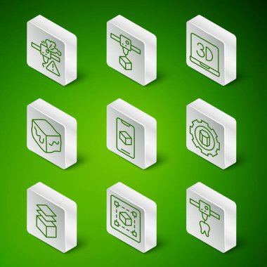 Set line 3D printer tooth Geometric figure Cube warning software Isometric cube Layers and setting icon. Vector.