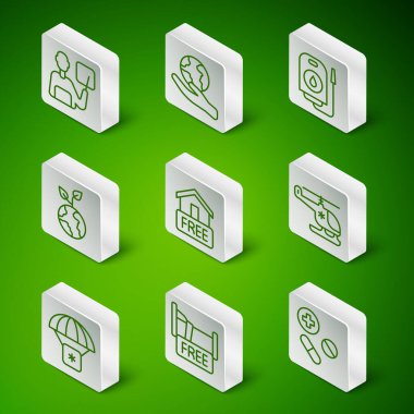Set line Medicine pill or tablet Free overnight stay house Teacher home delivery Volunteer team planting trees Hand holding Earth globe Humanitarian aid and Rescue helicopter icon. Vector.