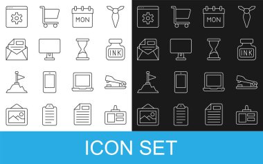 Set line Identification badge Stapler Inkwell Calendar Computer monitor Mail and e-mail Browser setting and Old hourglass icon. Vector.