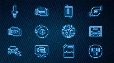 Set line Gear shifter Car wash radiator cooling system brake disk with caliper Check engine spark plug Alloy wheel for car and icon. Vector.