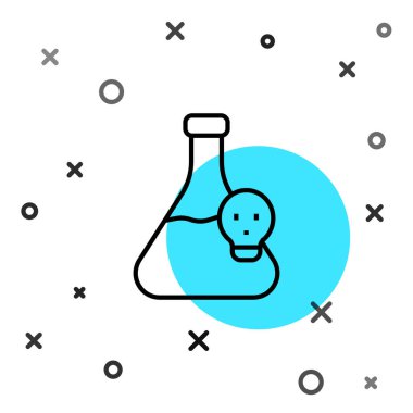 Siyah çizgi laboratuvar kimyasal deney şişesi. Beyaz arka planda zehirli sıvı ikonu var. Biyolojik tehlike sembolü. Radyasyon ikonu olan tehlikeli bir sembol. Rastgele dinamik şekiller. Vektör.