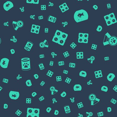 Set Dog pill Aquarium with fish Canned food and Pet award symbol on seamless pattern. Vector.