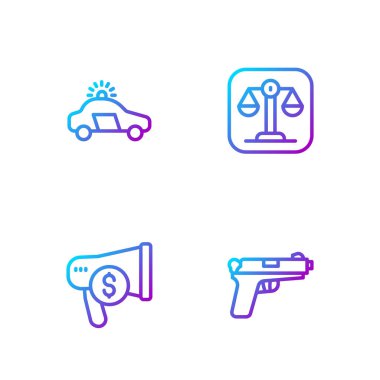 Set line Pistol or gun, Megaphone and dollar, Police car flasher and Scales of justice. Gradient color icons. Vector.