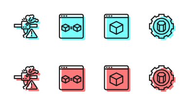 Set line 3D printer, warning, perfect copy and setting icon. Vector.