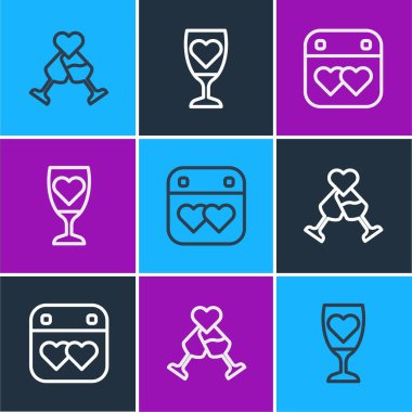 Set line Glass of champagne Calendar with heart and icon. Vector.