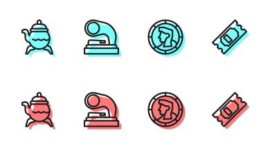 Set line Ancient coin Classic teapot Old gramophone and Cinema ticket icon. Vector.