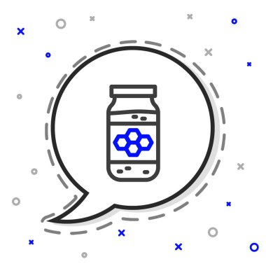 Beyaz arkaplanda izole edilmiş bal ikonu çizgi kavanozu. Yiyecek bankası. Tatlı doğal gıda sembolü. Renkli taslak konsepti. Vektör