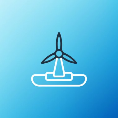 Hat rüzgar türbini simgesi mavi arkaplanda izole edildi. Rüzgar jeneratörü işareti. Elektrik üretimi için yel değirmeni. Renkli taslak konsepti. Vektör