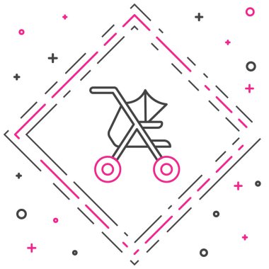 Line Baby bebek arabası simgesi beyaz arkaplanda izole edildi. Bebek arabası, at arabası, bebek arabası, bebek arabası, tekerlek. Renkli taslak konsepti. Vektör