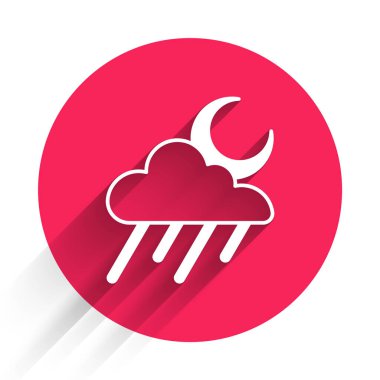 Yağmurlu beyaz bulut ve uzun gölgeli ay ikonu. Yağmur damlaları ile yağmur bulutu yağışı. Kırmızı daire düğmesi. Vektör.