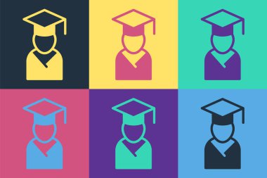 Pop Art Graduate ve mezuniyet şapkası ikonu renk arka planında izole edilmiş. Vektör.