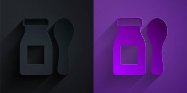 Paper cut Drinking yogurt in bottle with spoon icon isolated on black on purple background. Baby food. Paper art style. Vector