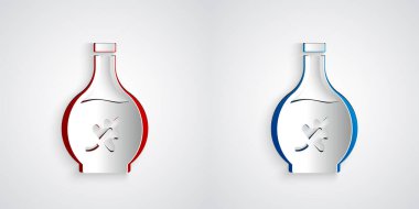 Kağıt kesiği, gri arka planda izole edilmiş temel yağ şişesi simgesi. Organik aromaterapi özü. Cilt bakımı serumu cam bırakma paketi. Kağıt sanatı tarzı. Vektör