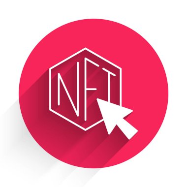 Beyaz NFT dijital kripto resim simgesi uzun gölge arkaplan izole. Para iadesi olmayan jeton. Kırmızı daire düğmesi. Vektör