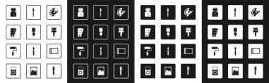 Set Paint brush with palette, Palette knife, Paint, gouache, jar, dye, Pen, Graphic tablet and roller icon. Vector