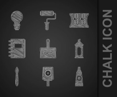 Set Paint brush, Spray can nozzle cap, Tube with paint palette, Marker pen, Spiral notebook, Pencil sharpener and Light bulb icon. Vector