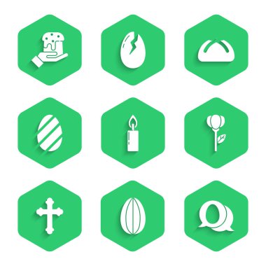 Set Burning candle, Easter egg, Speech bubble with easter, Flower tulip, Christian cross, cake and Human hand icon. Vector