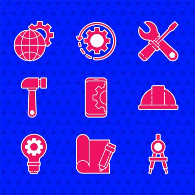 Set Setting on smartphone, Graphing paper and pencil, Drawing compass, Worker safety helmet, Light bulb gear, Hammer, Screwdriver wrench spanner and Globe of the Earth icon. Vector