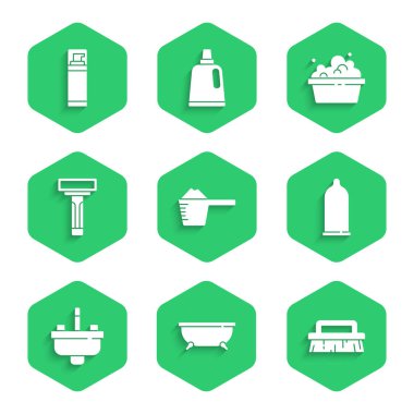 Set Washing powder, Bathtub, Brush for cleaning, Condom, Washbasin with water tap, Shaving razor, Basin soap suds and gel foam icon. Vector