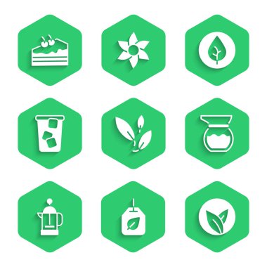 Set Tea leaf, bag with, Teapot, French press, Ice tea,  and Piece of cake icon. Vector