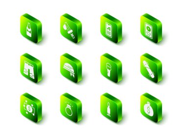 Set Bloody knife, Music player, CD disk award in frame, Skateboard, Money bag, Microphone, Bullet and Diamond ring icon. Vector