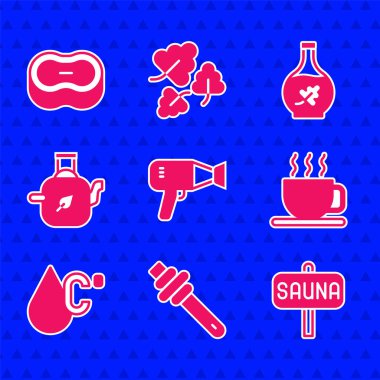 Set Hair dryer, Honey dipper stick, Sauna, Cup of tea, Water temperature, Teapot with leaf, Essential oil bottle and Bar soap icon. Vector