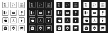 Set Motor gas gauge, Check engine, Tire pressure, Car air pump, Engine piston, Timing belt kit, spark plug and door icon. Vector