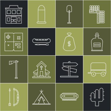 Set line Cactus, Wild west covered wagon, Alcohol drink Rum bottle, Shovel, Kayak or canoe and paddle, Treasure map, saloon and Money bag icon. Vector