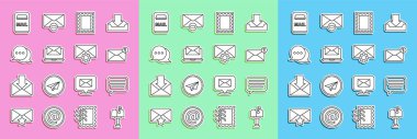 Set line Mail box, Speech bubble chat, Envelope, Postal stamp, Laptop with envelope,  and setting icon. Vector