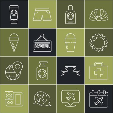 Set line Calendar and airplane, First aid kit, Sun, Sunscreen spray bottle, Signboard with text Hotel, Ice cream in waffle cone, tube and  icon. Vector